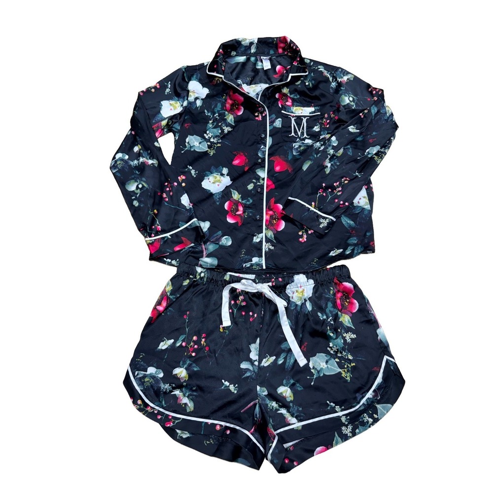 Stars Above Black Floral Satin Pajama Set Women's Size Small Loungewear Pjs "M"